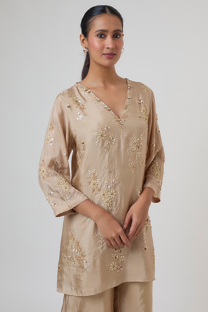 Shell-Colored Crushed Silk Floral Embroidered Sharara Set by One not two at Pernia's Pop Up Shop