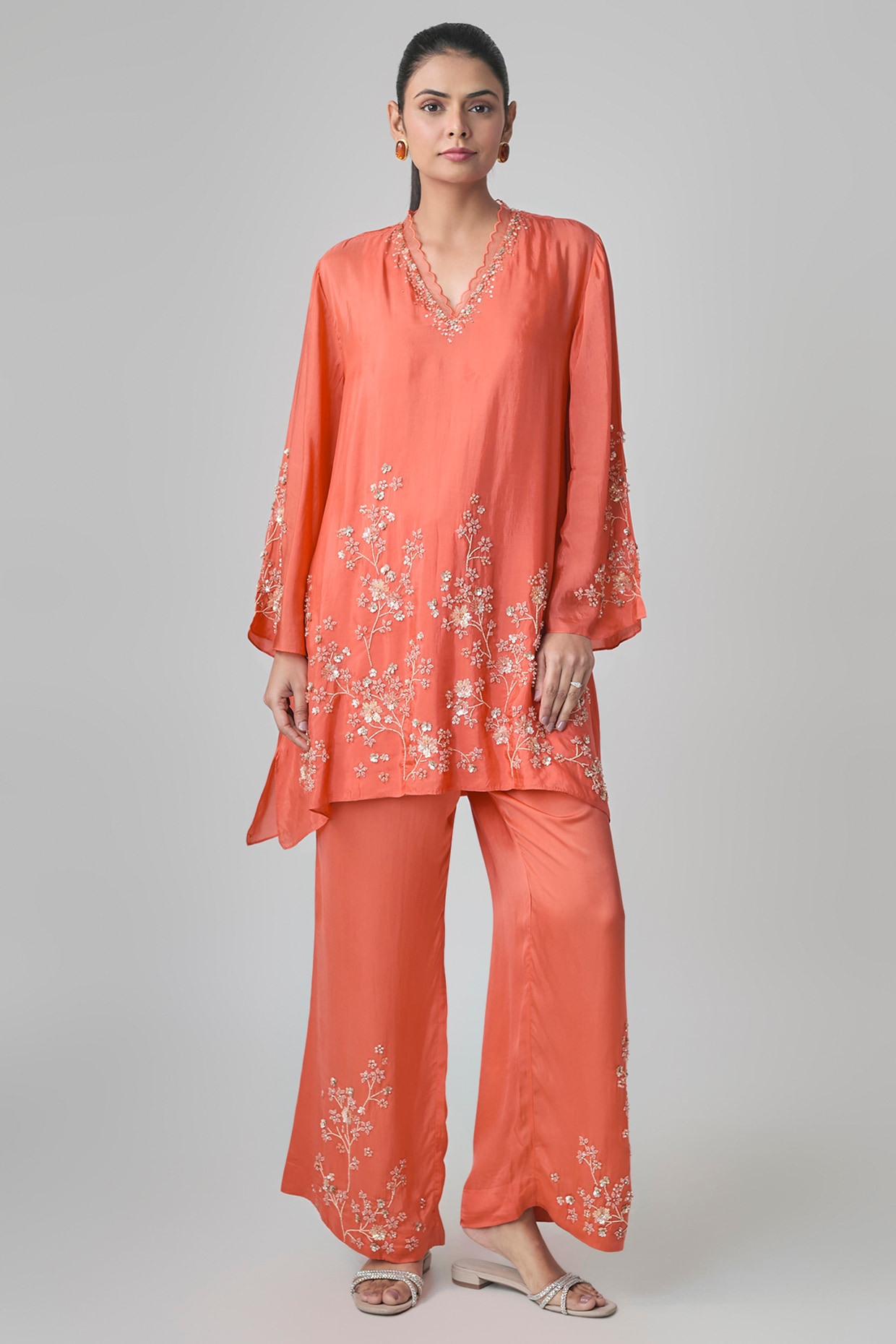 One not two Vermillion Silk Floral Embroidered Kurta Set