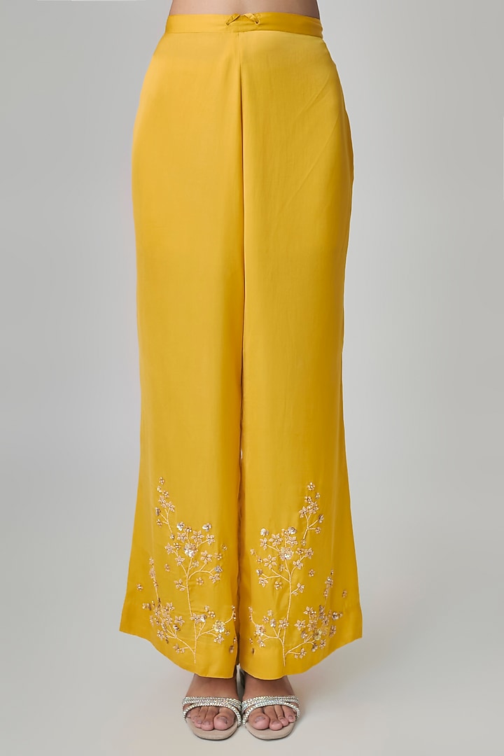 Amber Yellow Silk Floral Embroidered Kurta Set by One not two at Pernia's Pop Up Shop