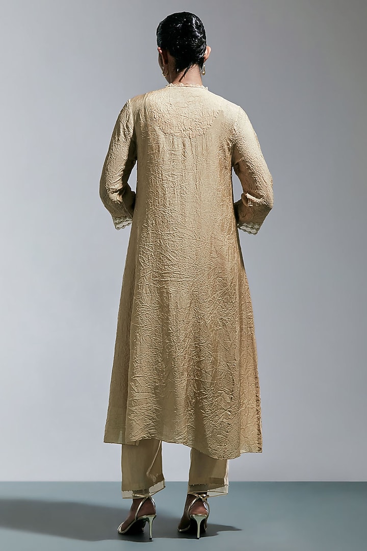 Shell-Colored Crushed Silk Floral Embroidered Kurta Set by One not two at Pernia's Pop Up Shop