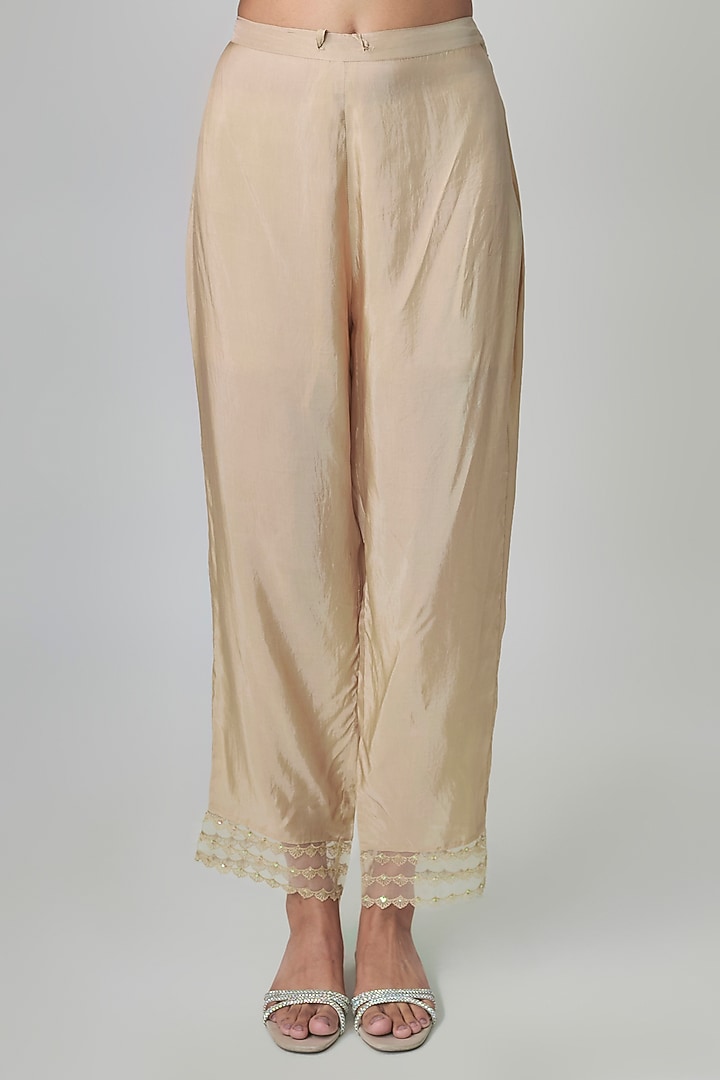 Shell-Colored Crushed Silk Floral Embroidered Kurta Set by One not two at Pernia's Pop Up Shop