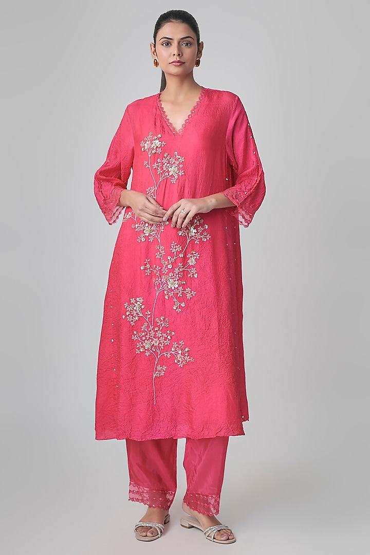 Raspberry Crushed Silk Floral Embroidered Kurta Set by One not two at Pernia's Pop Up Shop