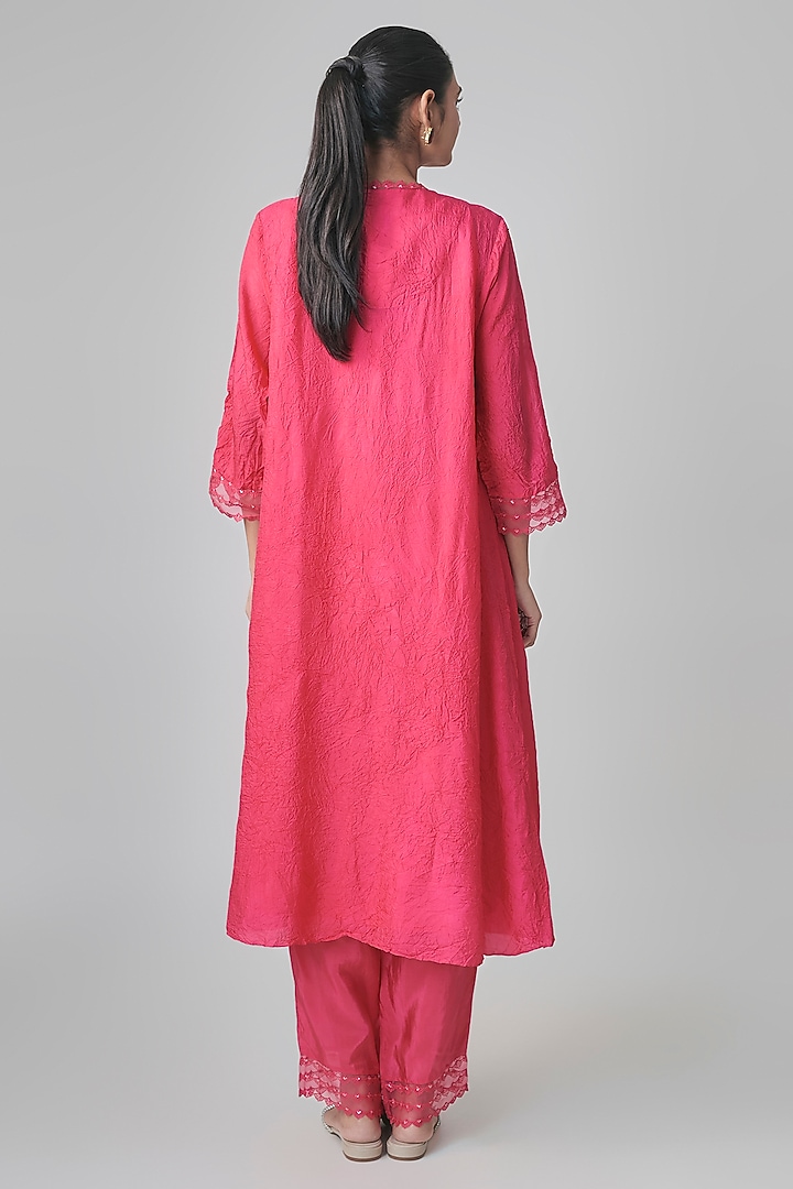 Raspberry Crushed Silk Floral Embroidered Kurta Set by One not two at Pernia's Pop Up Shop