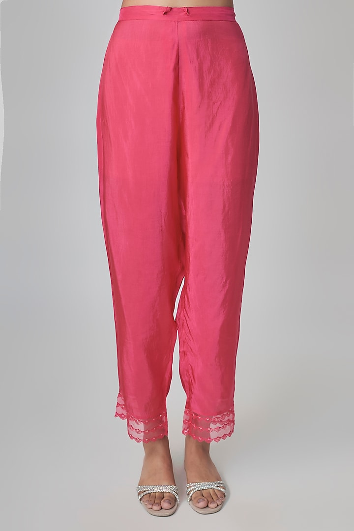 Raspberry Crushed Silk Floral Embroidered Kurta Set by One not two at Pernia's Pop Up Shop