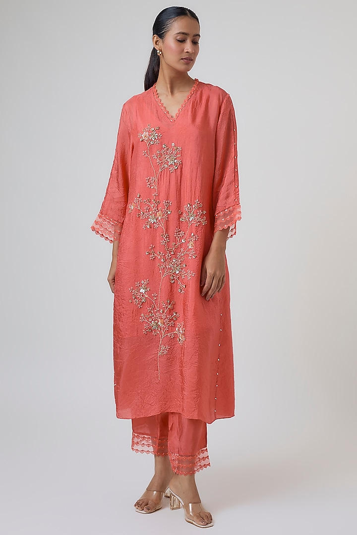 Vermillion Silk Kurta Set by One not two at Pernia's Pop Up Shop