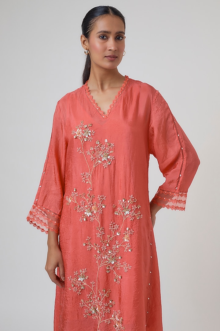 Vermillion Silk Kurta Set by One not two at Pernia's Pop Up Shop