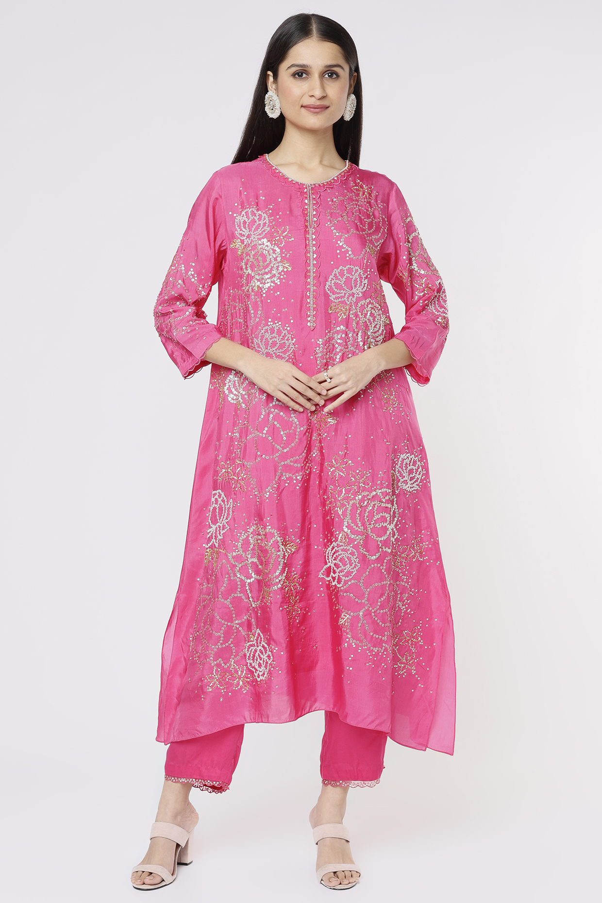 Hot Pink Embroidered A-Line Kurta by One not two at Pernia's Pop Up Shop