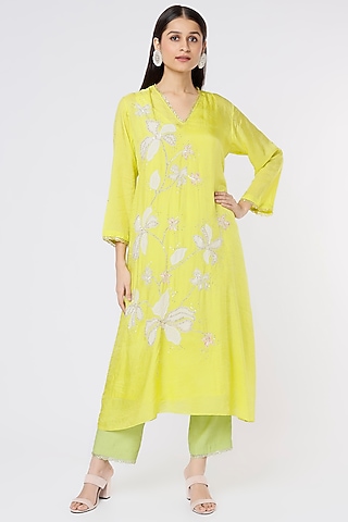 Lemon Yellow Embroidered Crushed A-Line Kurta by One not two