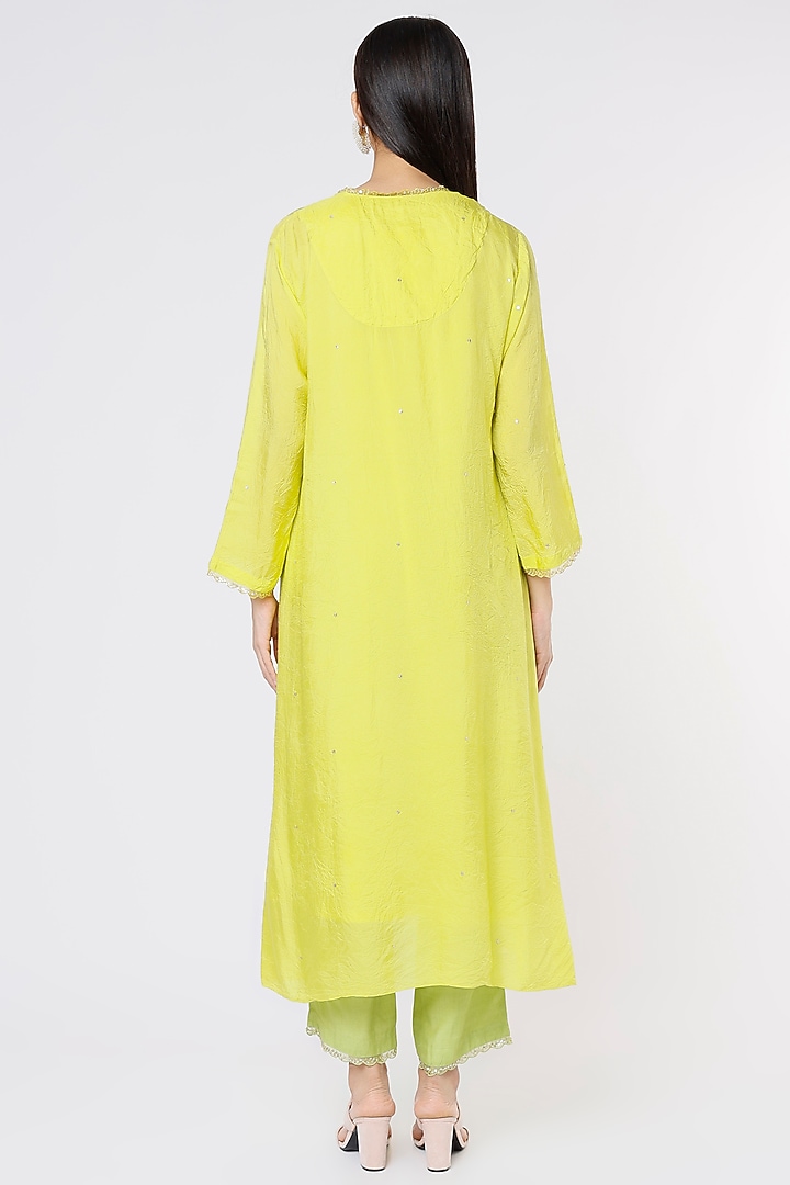 Lemon Yellow Embroidered Crushed A-Line Kurta by One not two at Pernia's Pop Up Shop