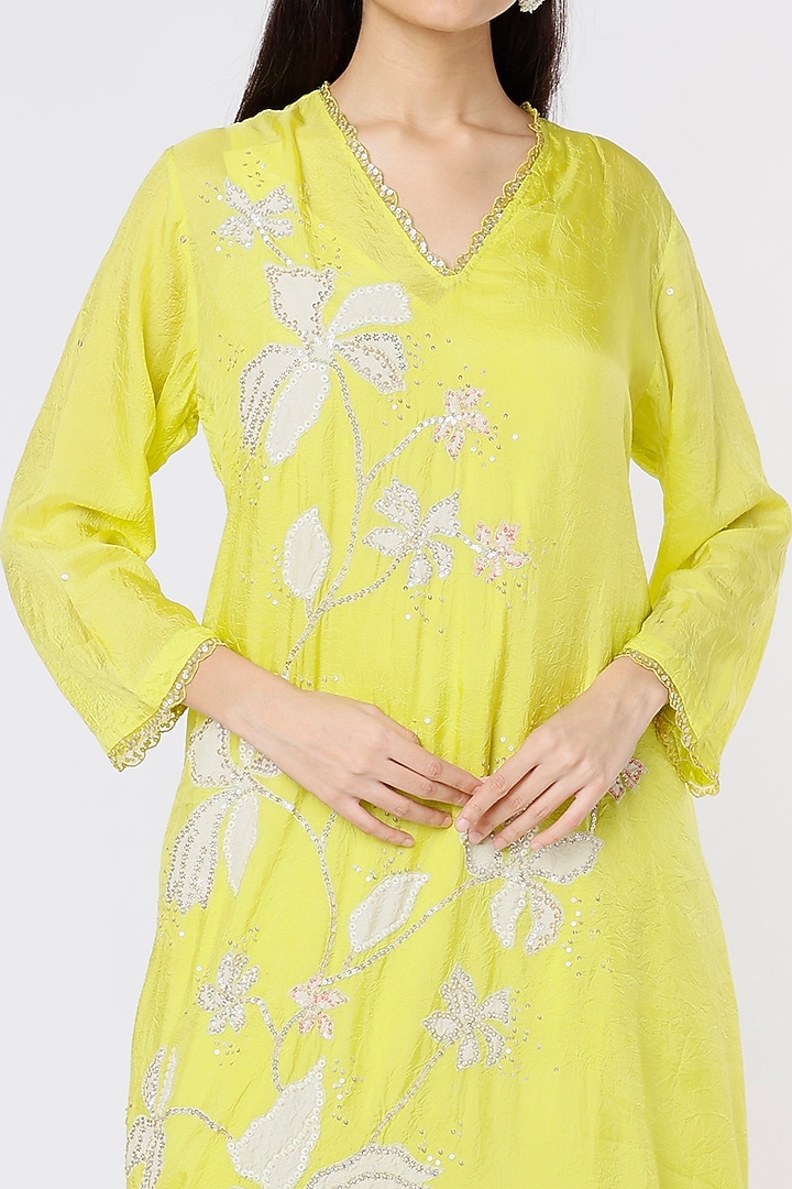 Lemon Yellow Embroidered Crushed A-Line Kurta by One not two at Pernia's Pop Up Shop