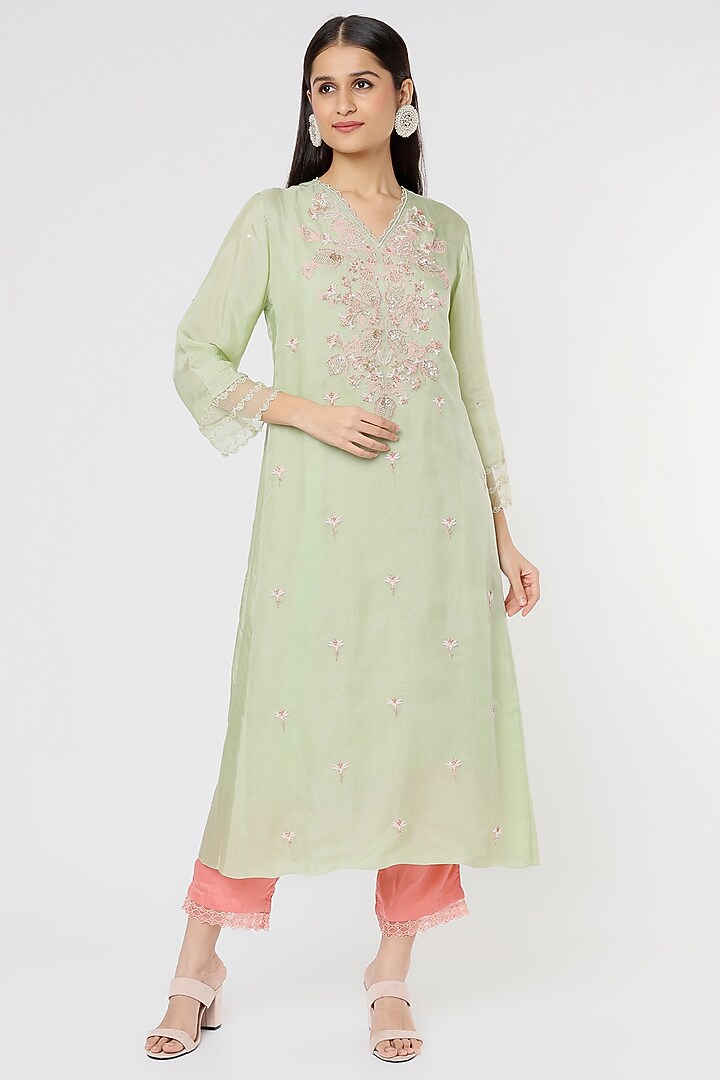 Mist Green Embroidered Paneled A-Line Kurta by One not two at Pernia's Pop Up Shop