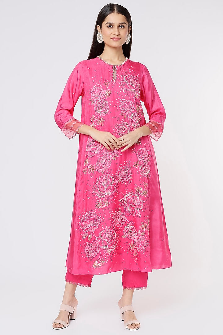 Hot Pink Embroidered Paneled A-Line Kurta by One not two at Pernia's Pop Up Shop