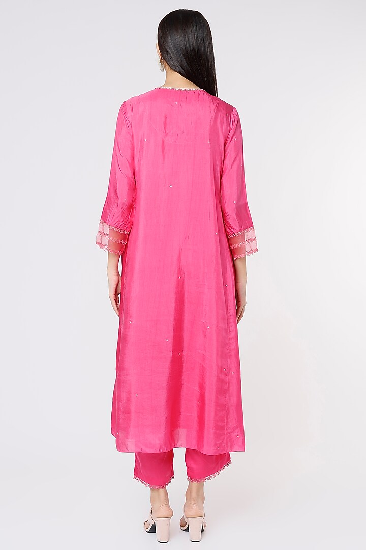 Hot Pink Embroidered Paneled A-Line Kurta by One not two at Pernia's Pop Up Shop