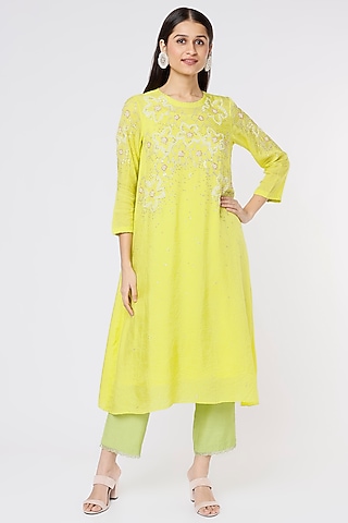 Lemon Yellow Hand Embroidered Crushed A-Line Kurta by One not two