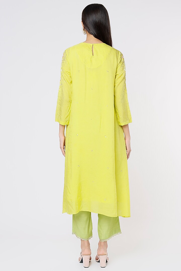 Lemon Yellow Hand Embroidered Crushed A-Line Kurta by One not two at Pernia's Pop Up Shop