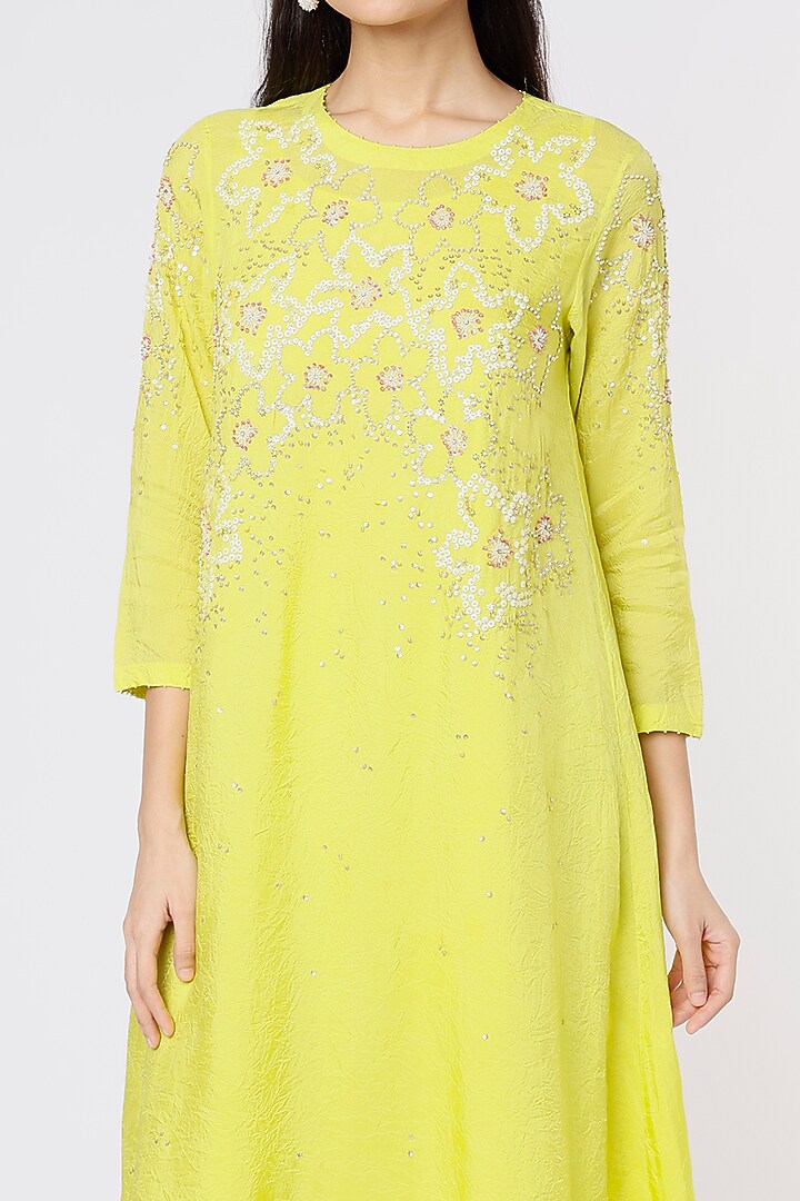 Lemon Yellow Hand Embroidered Crushed A-Line Kurta by One not two at Pernia's Pop Up Shop