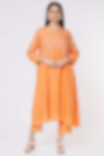 Papaya Orange Hand Embroidered Crushed A-Line Kurta by One not two