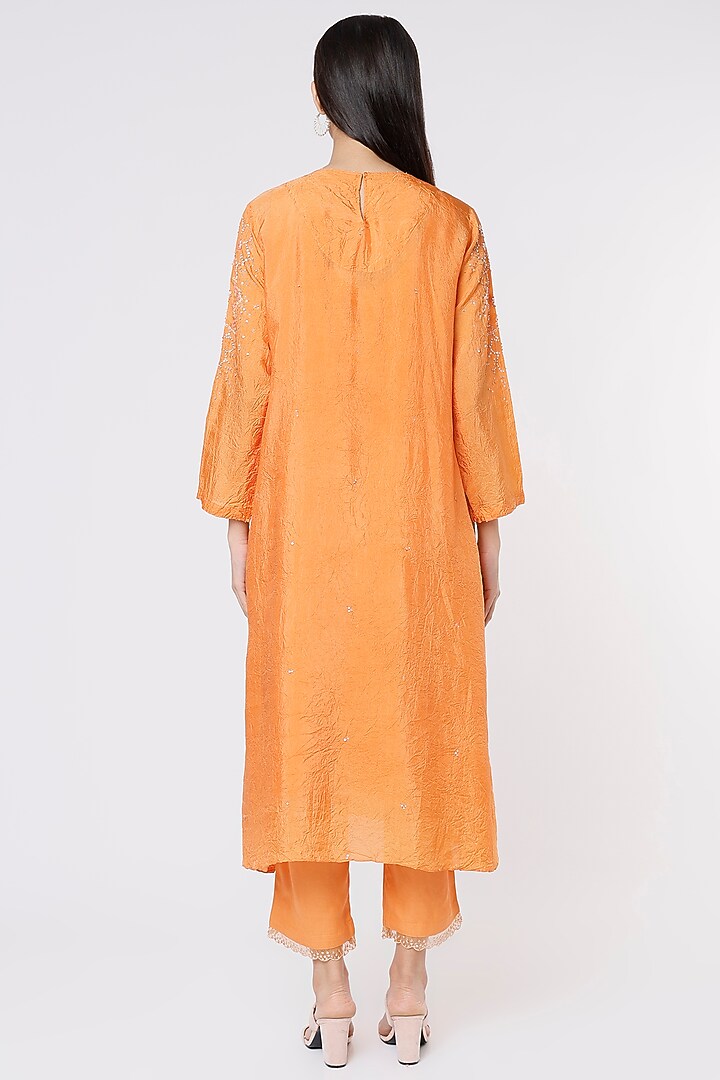 Papaya Orange Hand Embroidered Crushed A-Line Kurta by One not two at Pernia's Pop Up Shop