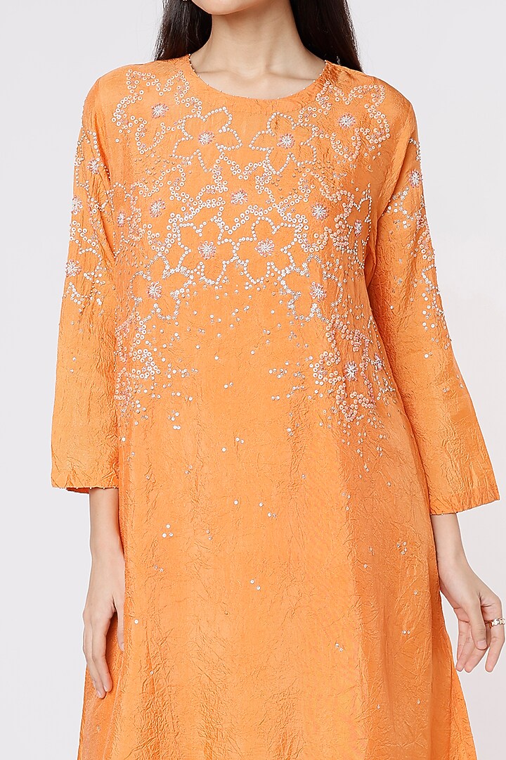 Papaya Orange Hand Embroidered Crushed A-Line Kurta by One not two at Pernia's Pop Up Shop