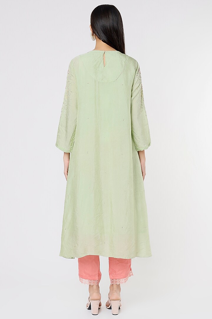 Mist Green Hand Embroidered Crushed A-Line Kurta by One not two at Pernia's Pop Up Shop
