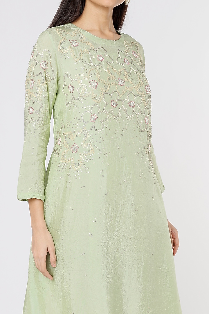 Mist Green Hand Embroidered Crushed A-Line Kurta by One not two at Pernia's Pop Up Shop