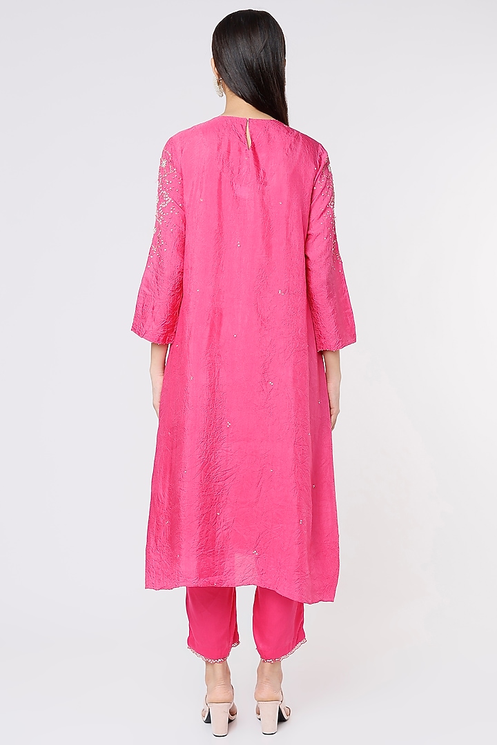 Hot Pink Hand Embroidered Crushed A-Line Kurta by One not two at Pernia's Pop Up Shop