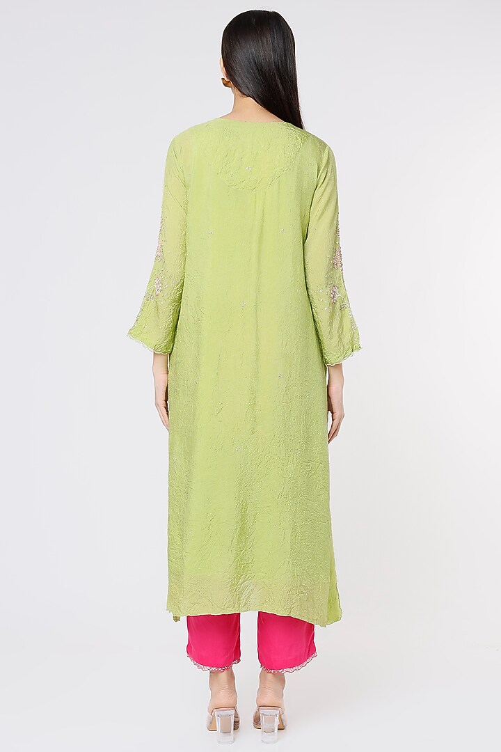 Pear Green Viscose Silk Embroidered A-Line Kurta by One not two at Pernia's Pop Up Shop