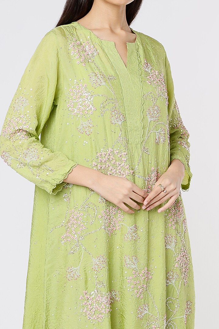 Pear Green Viscose Silk Embroidered A-Line Kurta by One not two at Pernia's Pop Up Shop