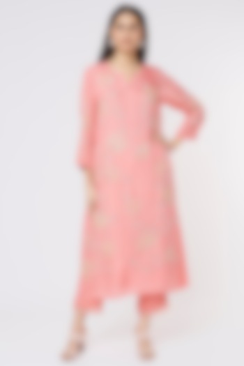 Peach Viscose Silk Embroidered A-Line Kurta by One not two at Pernia's Pop Up Shop