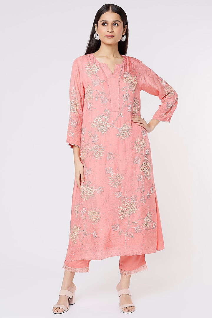 Peach Viscose Silk Embroidered A-Line Kurta by One not two at Pernia's Pop Up Shop