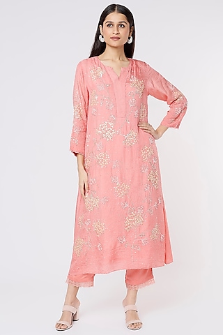 Peach Viscose Silk Embroidered A-Line Kurta by One not two
