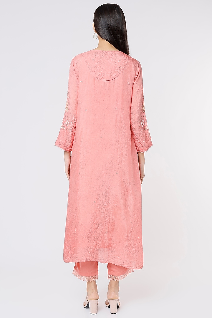 Peach Viscose Silk Embroidered A-Line Kurta by One not two at Pernia's Pop Up Shop