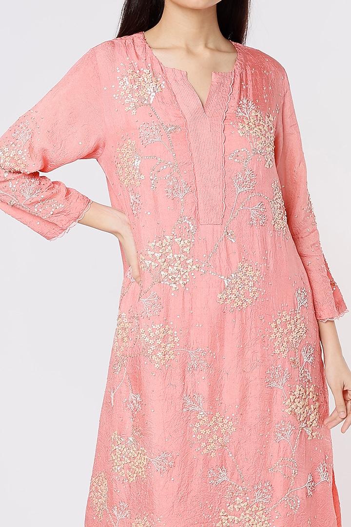 Peach Viscose Silk Embroidered A-Line Kurta by One not two at Pernia's Pop Up Shop
