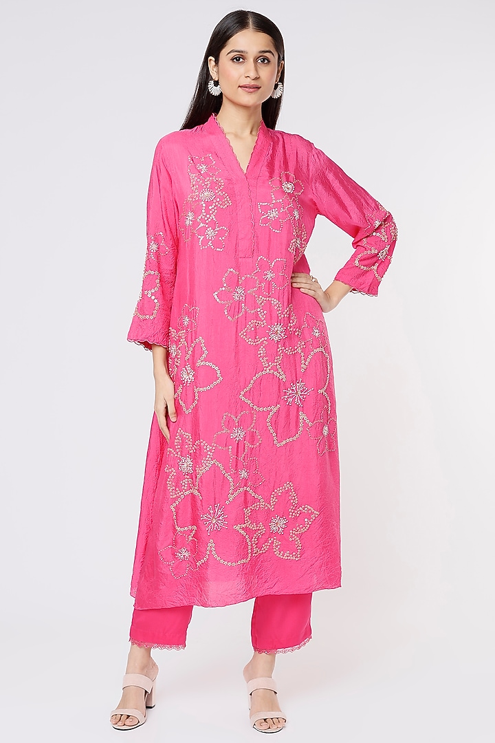 Hot Pink Viscose Silk Embroidered A-Line Kurta by One not two at Pernia's Pop Up Shop