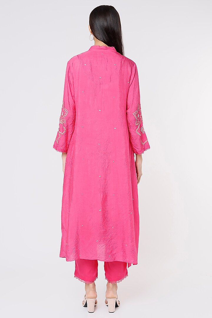 Hot Pink Viscose Silk Embroidered A-Line Kurta by One not two at Pernia's Pop Up Shop