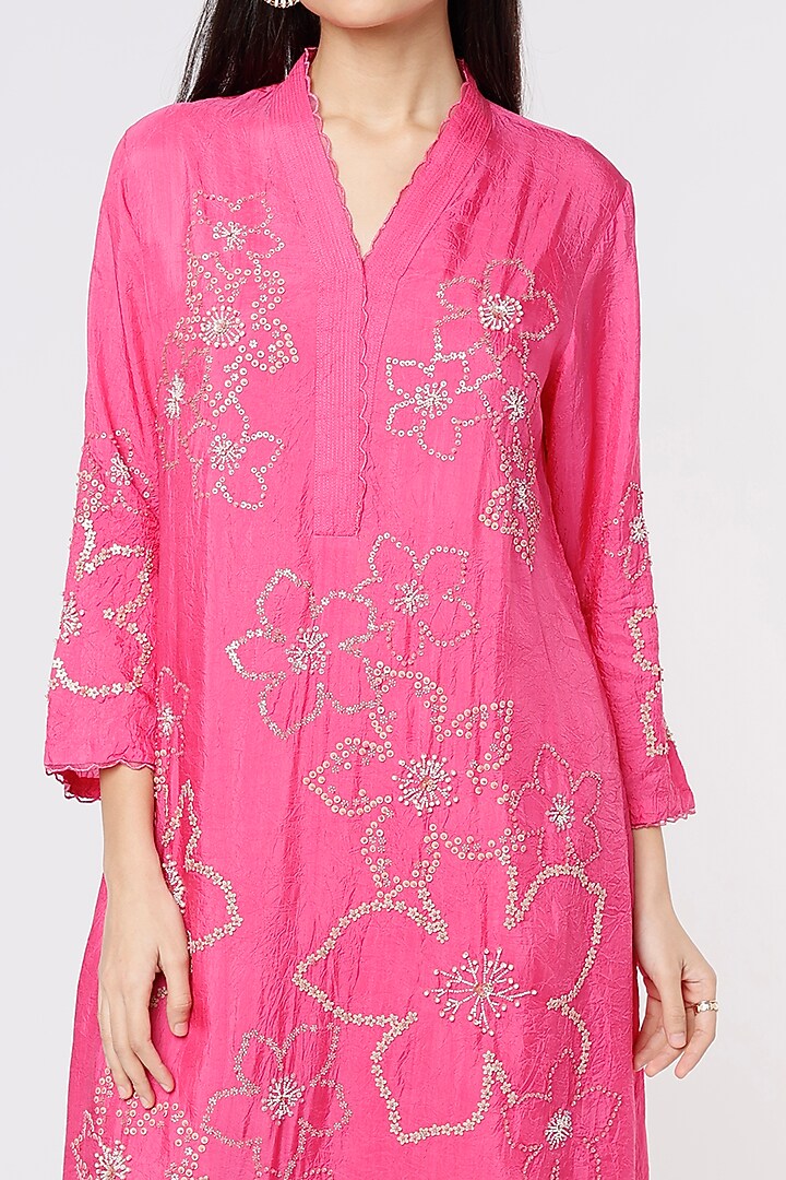 Hot Pink Viscose Silk Embroidered A-Line Kurta by One not two at Pernia's Pop Up Shop