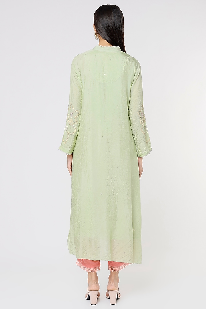 Mist Green Viscose Silk Embroidered A-Line Kurta by One not two at Pernia's Pop Up Shop