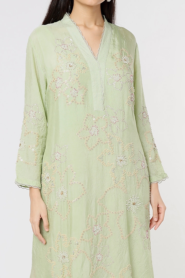 Mist Green Viscose Silk Embroidered A-Line Kurta by One not two at Pernia's Pop Up Shop