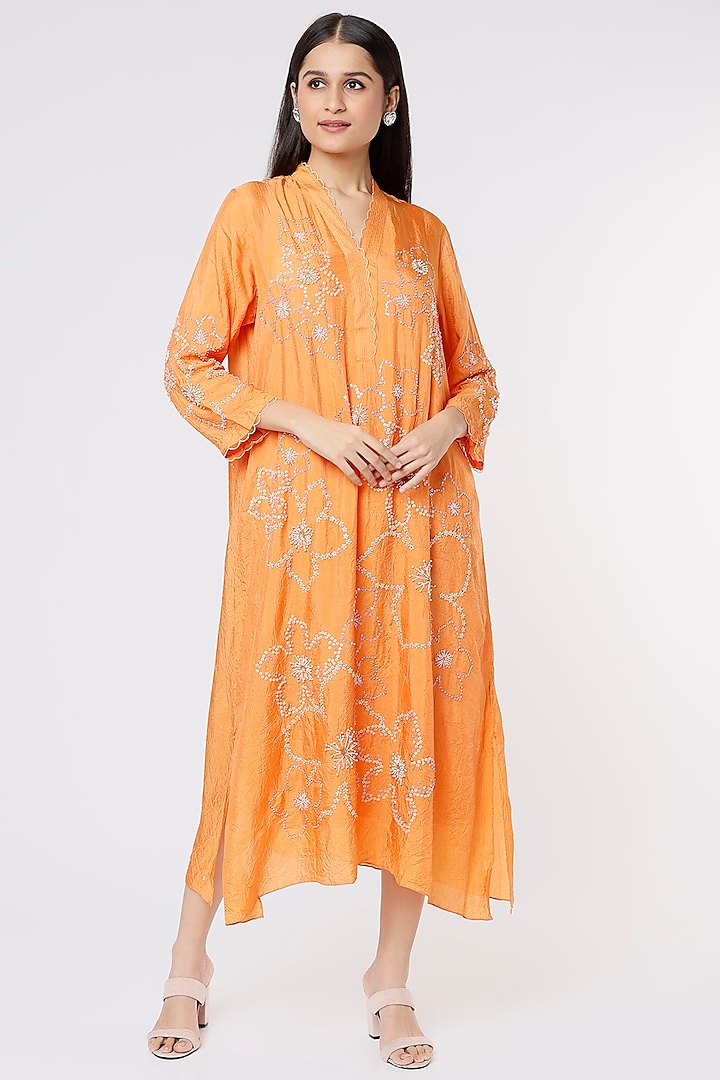 Orange Embroidered A-Line Crushed Kurta by One not two