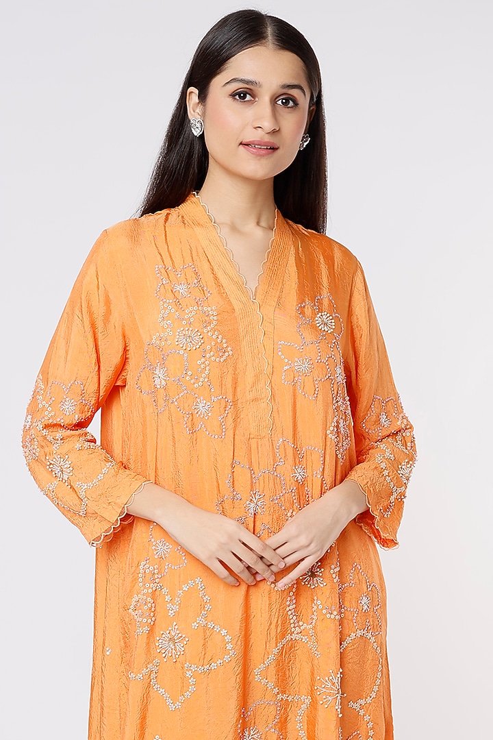 Orange Embroidered A-Line Crushed Kurta by One not two at Pernia's Pop Up Shop