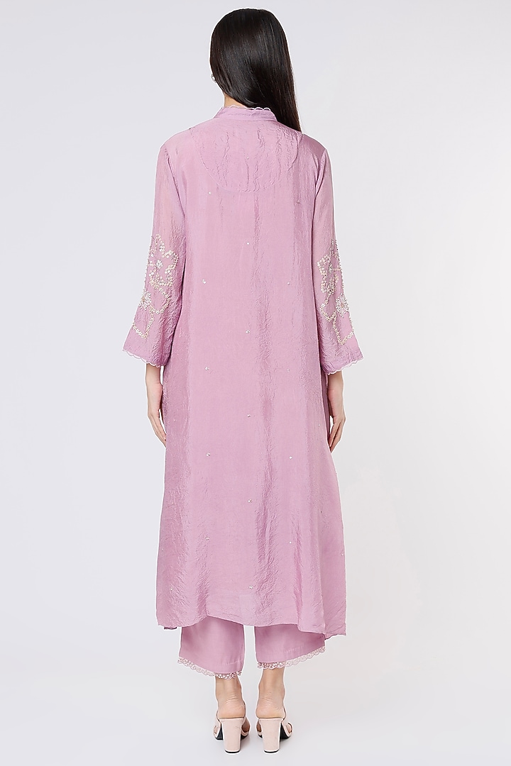 Lavender Viscose Silk Embroidered A-Line Kurta by One not two at Pernia's Pop Up Shop