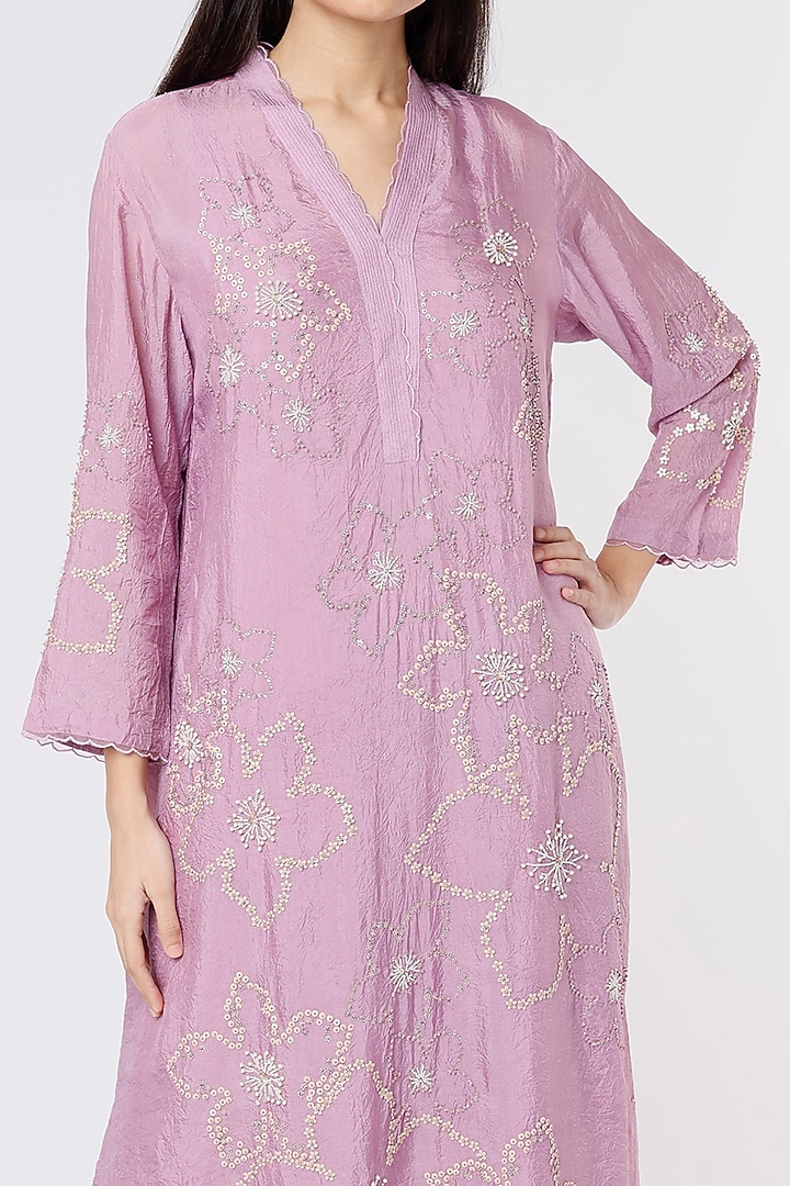 Lavender Viscose Silk Embroidered A-Line Kurta by One not two at Pernia's Pop Up Shop