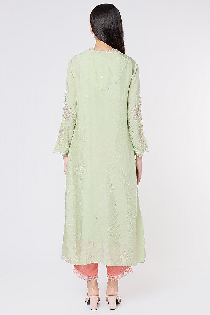 Mist Green Viscose Silk Embroidered Crushed A-Line Kurta by One not two at Pernia's Pop Up Shop