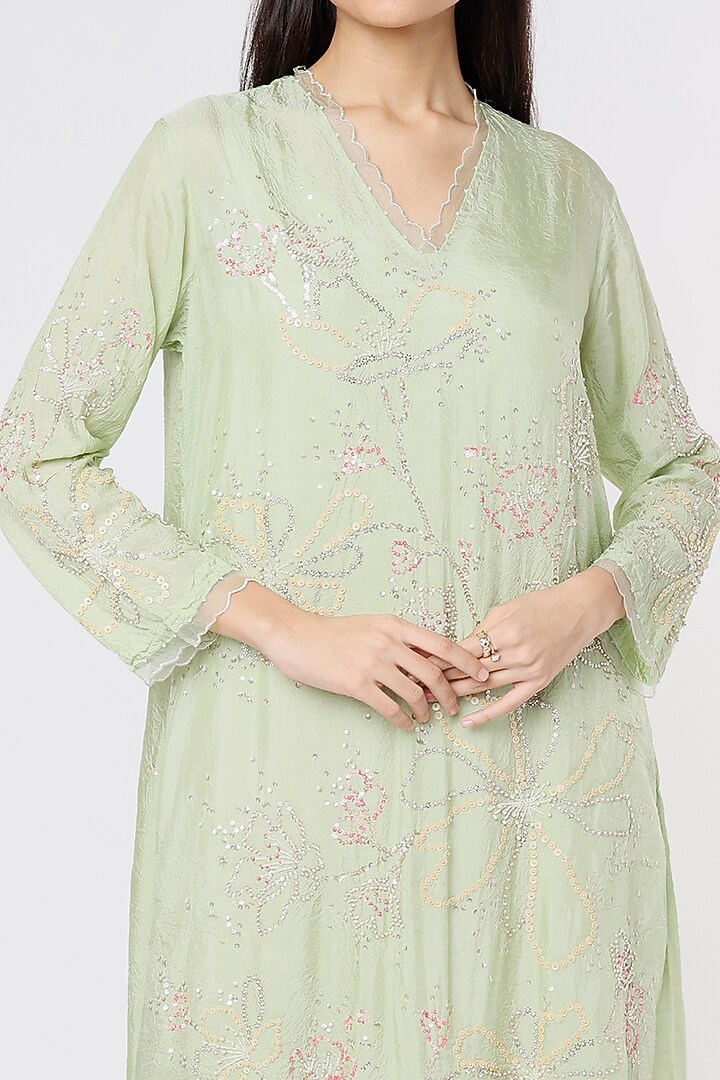 Mist Green Viscose Silk Embroidered Crushed A-Line Kurta by One not two at Pernia's Pop Up Shop