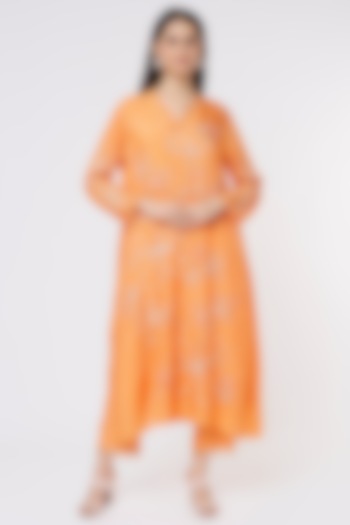 Papaya Orange Viscose Silk Embroidered Crushed A-Line Kurta by One not two at Pernia's Pop Up Shop