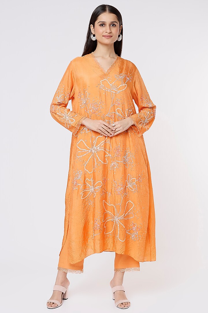 Papaya Orange Viscose Silk Embroidered Crushed A-Line Kurta by One not two at Pernia's Pop Up Shop