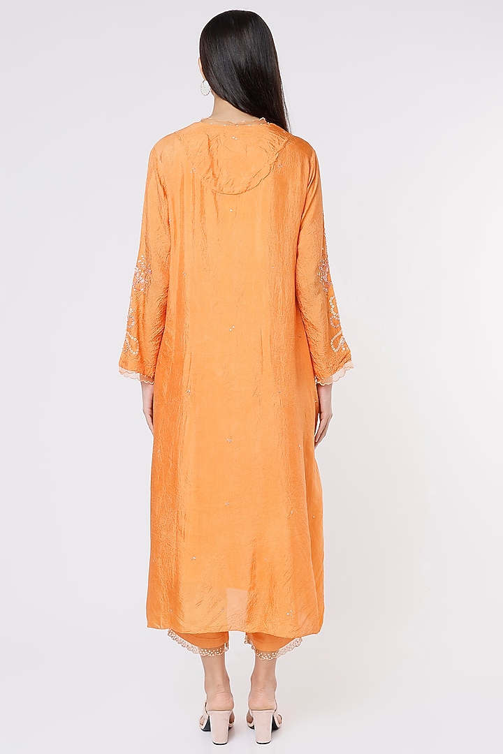 Papaya Orange Viscose Silk Embroidered Crushed A-Line Kurta by One not two at Pernia's Pop Up Shop