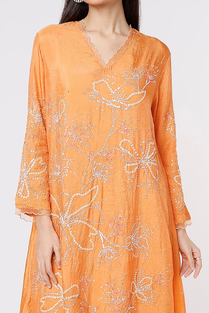 Papaya Orange Viscose Silk Embroidered Crushed A-Line Kurta by One not two at Pernia's Pop Up Shop