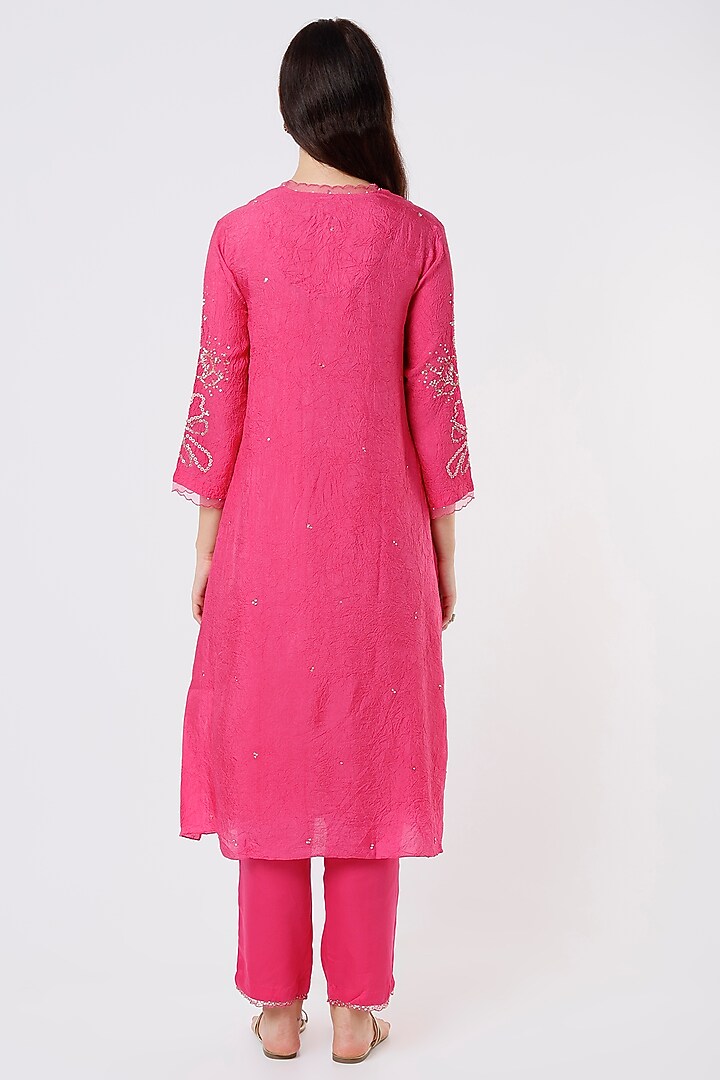 Hot Pink Viscose Silk Crushed A-Line Kurta With Embroidery by One not two at Pernia's Pop Up Shop