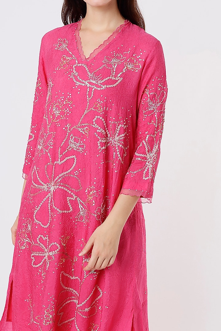 Hot Pink Viscose Silk Crushed A-Line Kurta With Embroidery by One not two at Pernia's Pop Up Shop